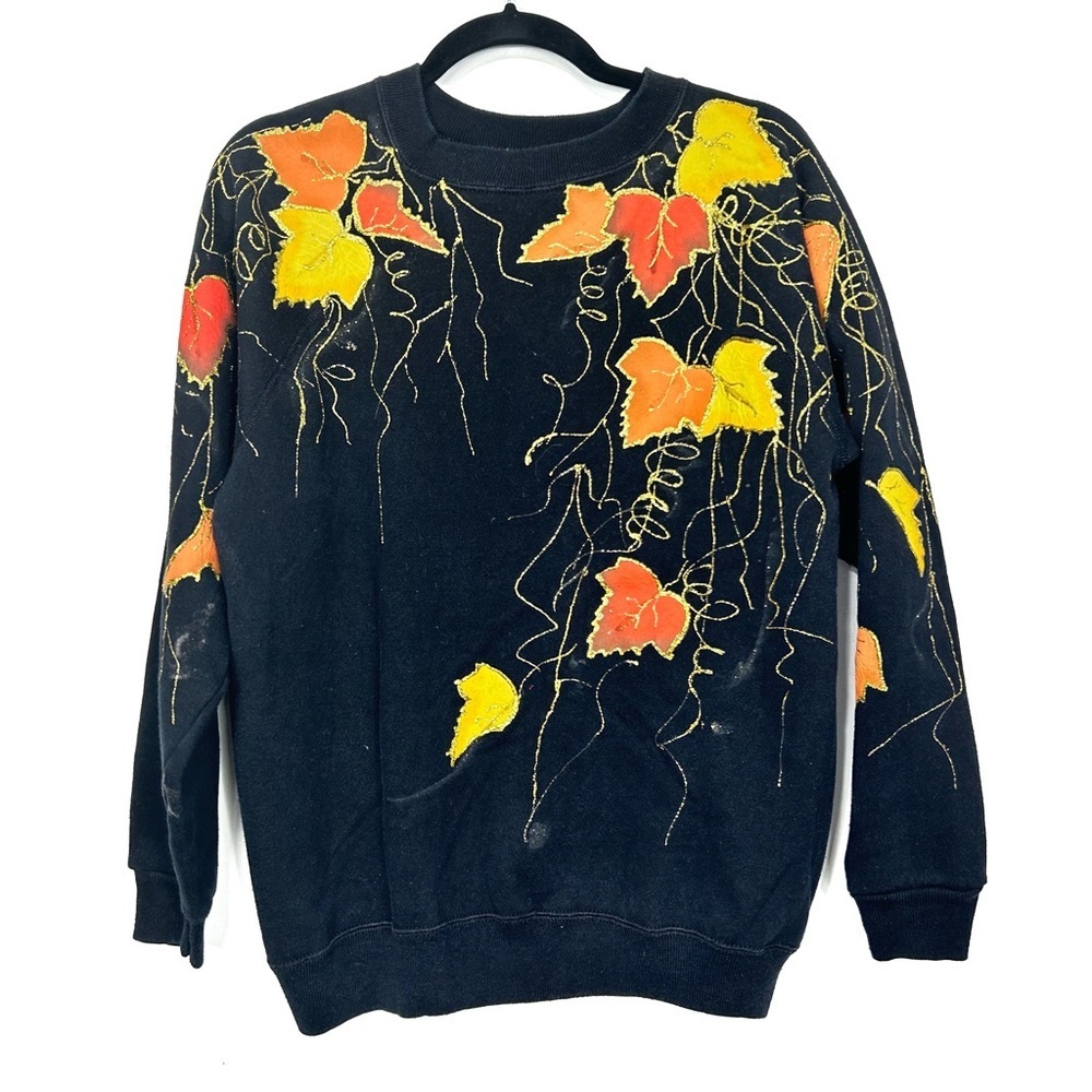VINTAGE leaf puff paint black crewneck pullover sweater R28